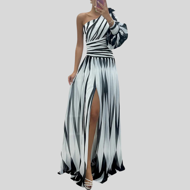 Elegant women's one-shoulder vertical stripe maxi dress, perfect for wedding guests, cocktails & evening wear.
