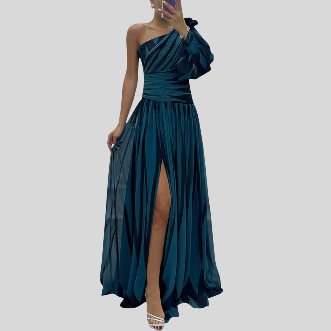 Sophisticated women's flowy vertical stripe maxi dress, ideal for summer weddings & formal events.
