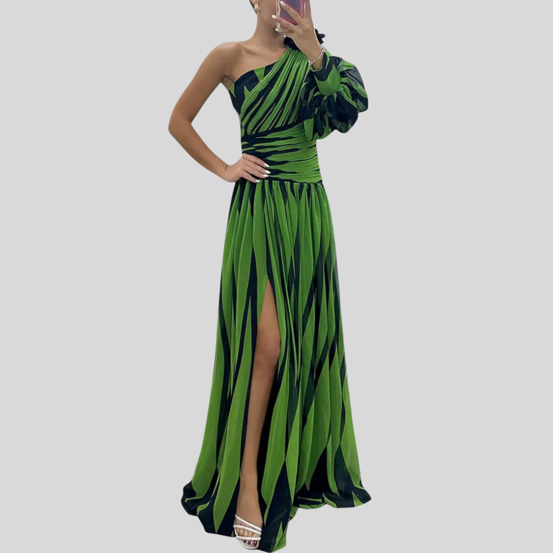 Women's one-shoulder vertical stripe maxi dress with elegant flow, perfect as a wedding guest or cocktail dress.