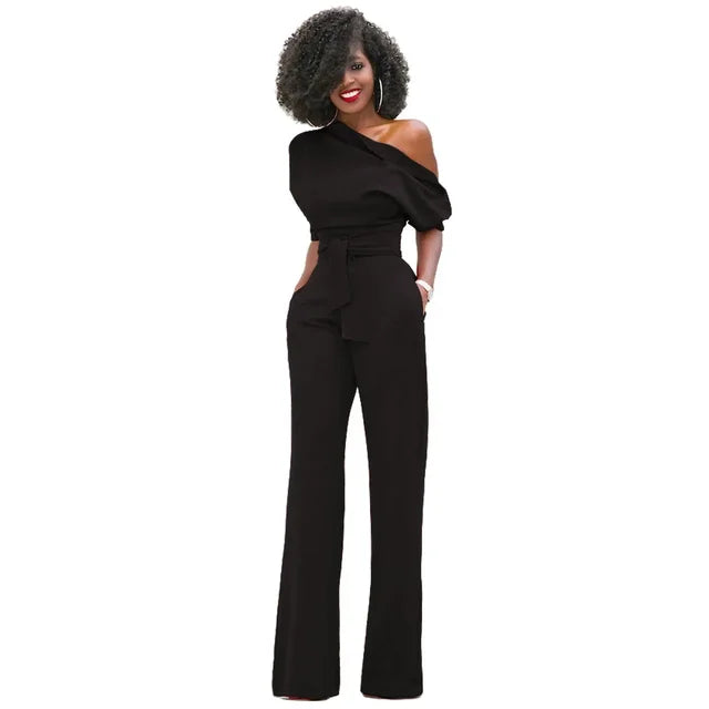 Elegant women's one-shoulder wide-leg jumpsuit with a chic belt, perfect for evening wear & special occasions.