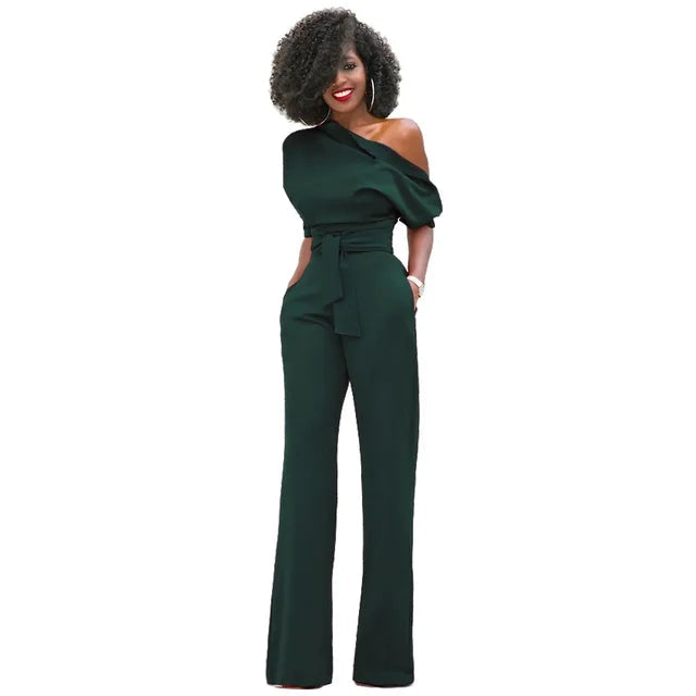 Chic women's belted one-shoulder jumpsuit featuring a flattering wide-leg design for parties and summer events.
