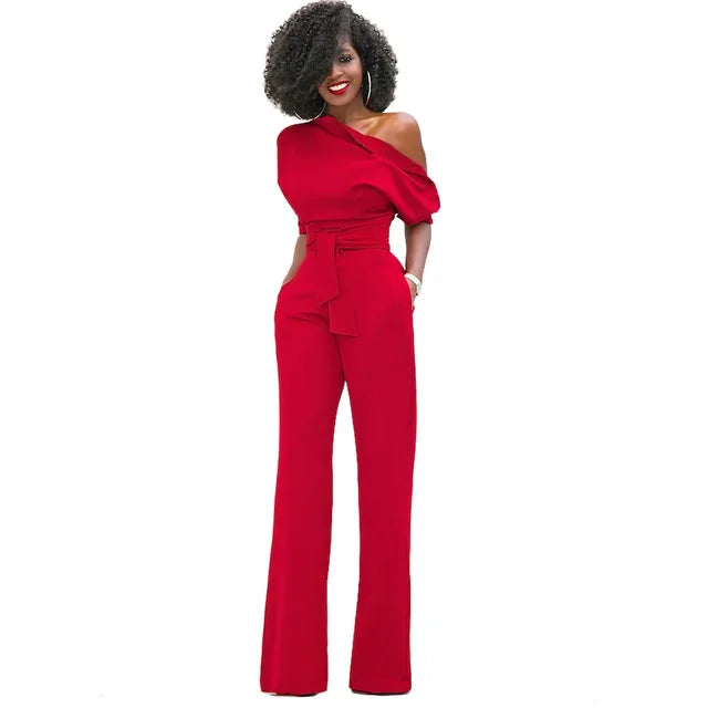 Fashionable one-shoulder wide-leg jumpsuit for women, with a cinched waist belt, great for party and occasion wear.