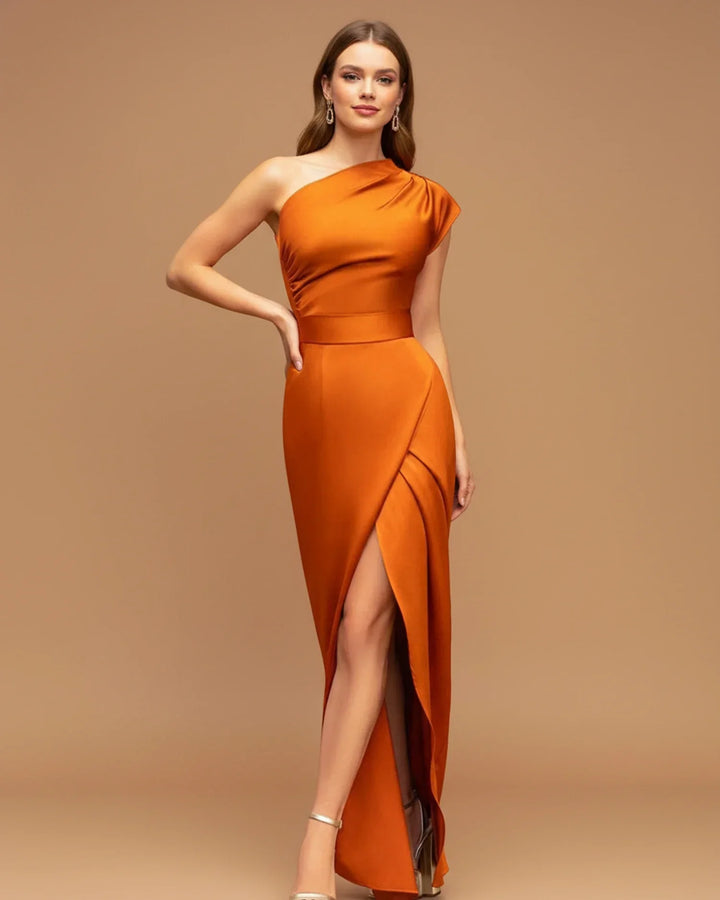 Sophisticated one-shoulder evening gown with a wrap design and high slit, a stunning formal dress for women.