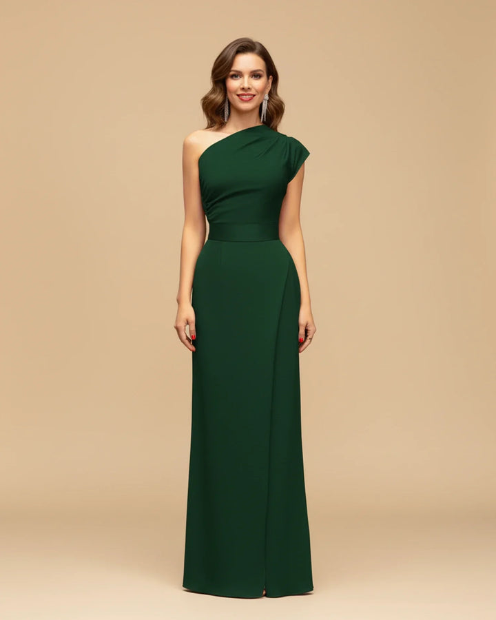 Stunning women's one-shoulder formal evening gown, a long wrap dress with a graceful slit for elegant affairs.