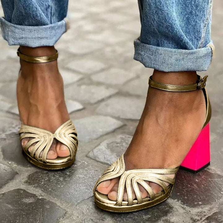 Elegant women's open toe block heel sandals with ankle strap, perfect for summer parties & dressy occasions.