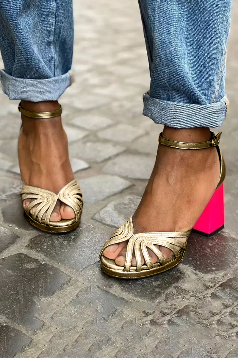 Stylish women's open toe block heel sandals, gold with an ankle strap for casual chic or party wear.