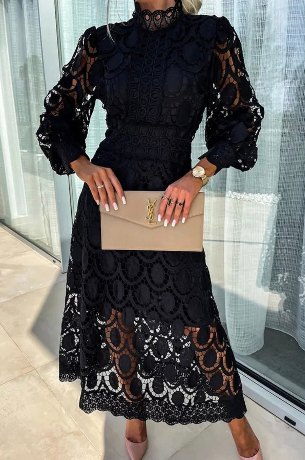 Structured elegant openwork midi dress for women. High neck and long sleeves for a sophisticated look.