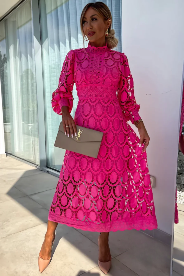 Women's elegant high neck openwork midi dress, long sleeve design. Perfect for special occasion or cocktail party.