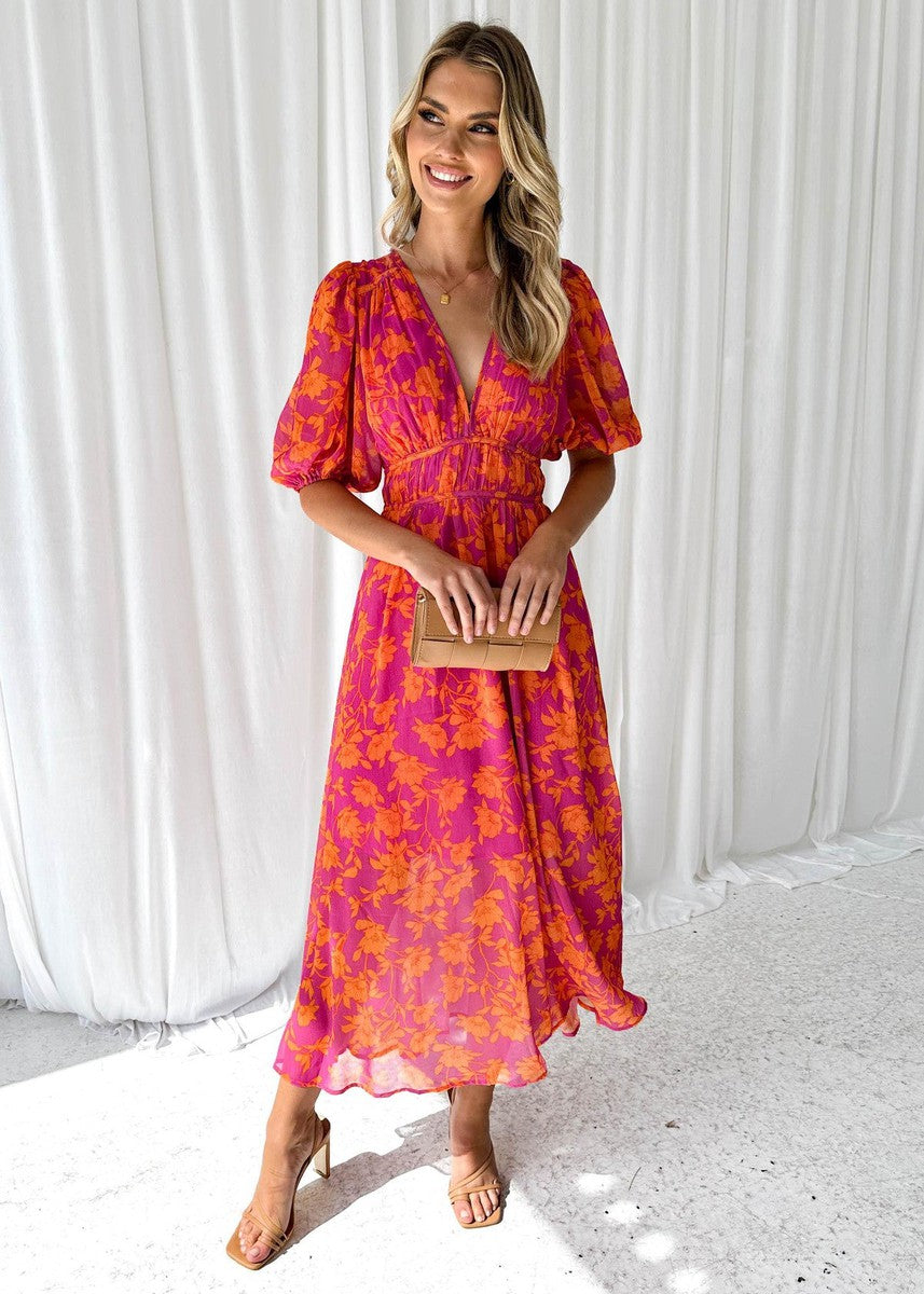 Feminine long floral V-neck maxi dress for women, ideal for wedding guests & elegant summer occasions.