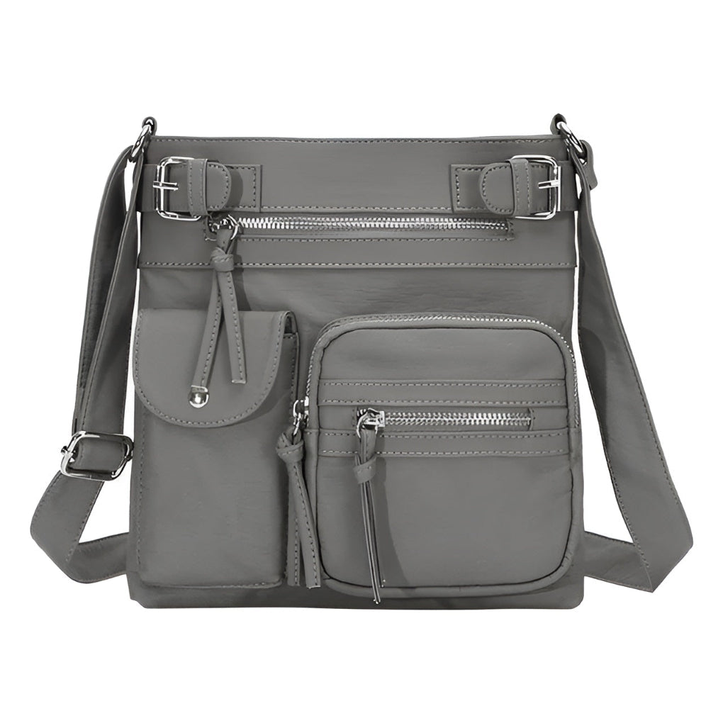 Everyday fashion accessory: a sleek, organized leather multi-pocket handbag for women.