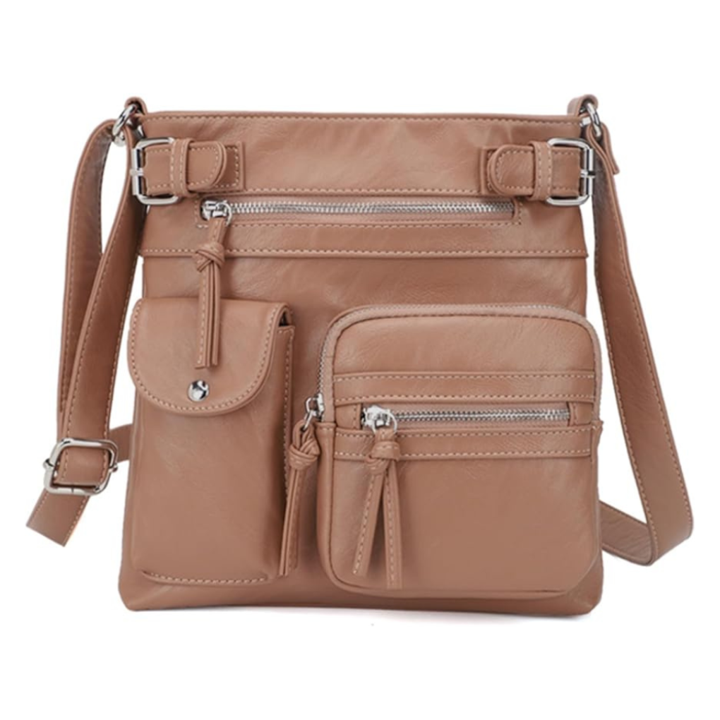 Practical women's multi-pocket leather shoulder bag for organized essentials. A chic handbag.