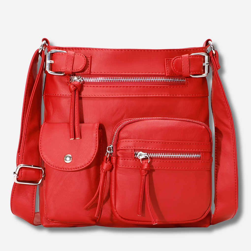 Sophisticated women's leather shoulder bag. Organized multi-pocket design, a versatile fashion accessory.