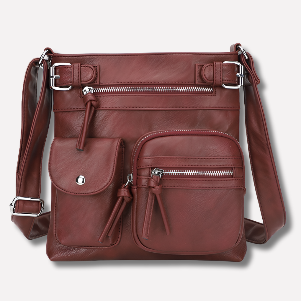 New3 women's organized leather shoulder bag, multi-pocket design for easy access.