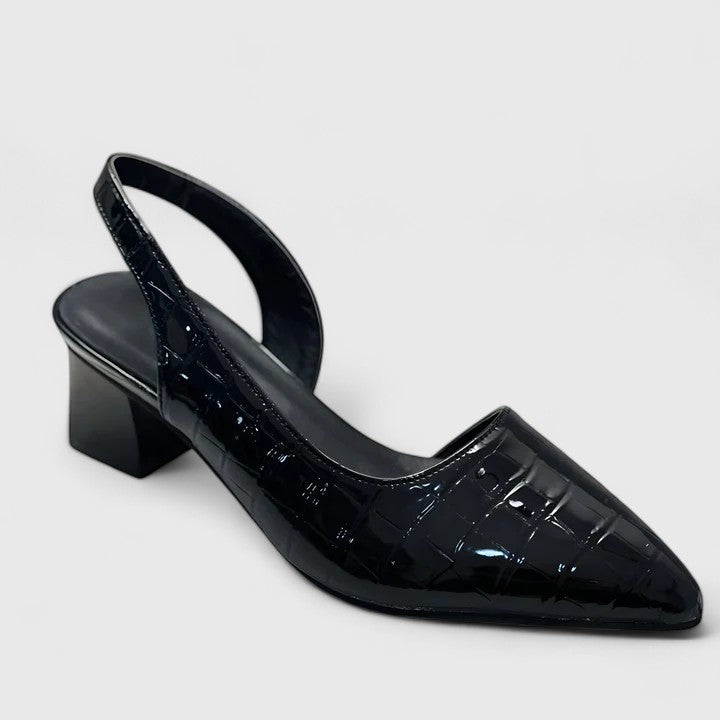 Comfortable brown orthopaedic heels for women, ideal supportive workwear footwear. Elegant & stylish for all-day comfort.