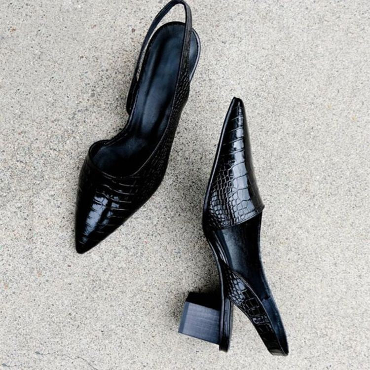 Comfortable women's orthopedic dress heels, black slingback with block heel & pointed toe for work & events.