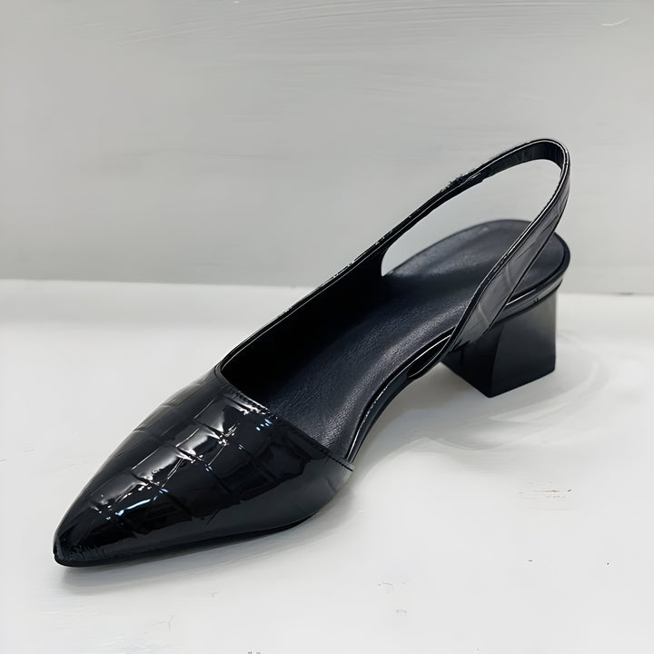 Orthopedic women's slingback heels with sturdy block heel, pointed toe, and arch support for comfortable wear.