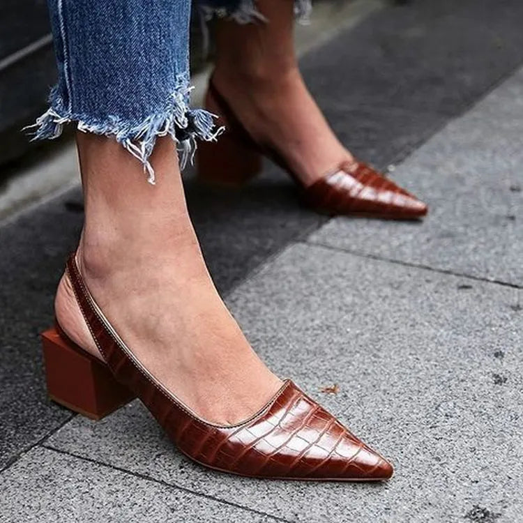 Women's elegant orthopedic slingback heels, pointed toe, block heel for arch support & all-day comfortable style.