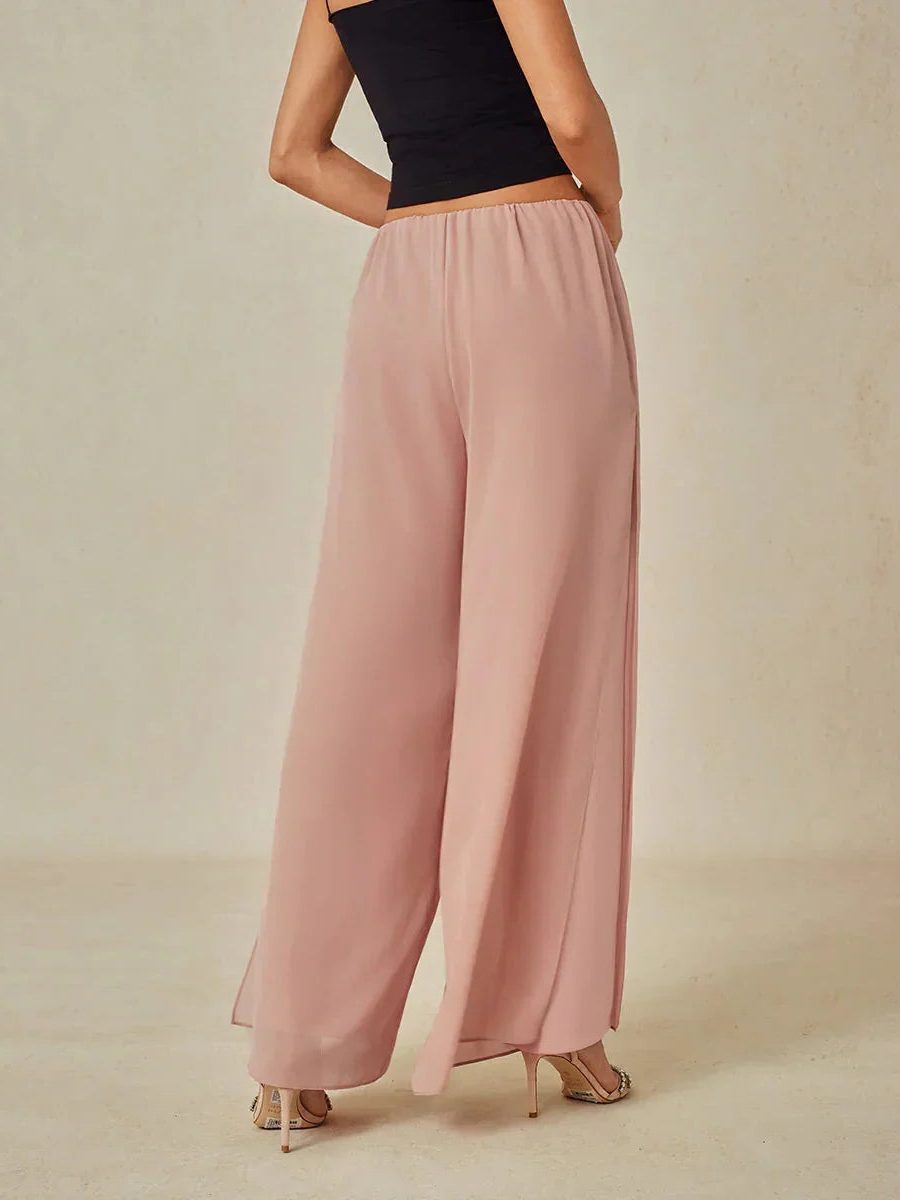 Women's elegant overlay wide leg trousers; flowy fabric and sophisticated design for comfort.