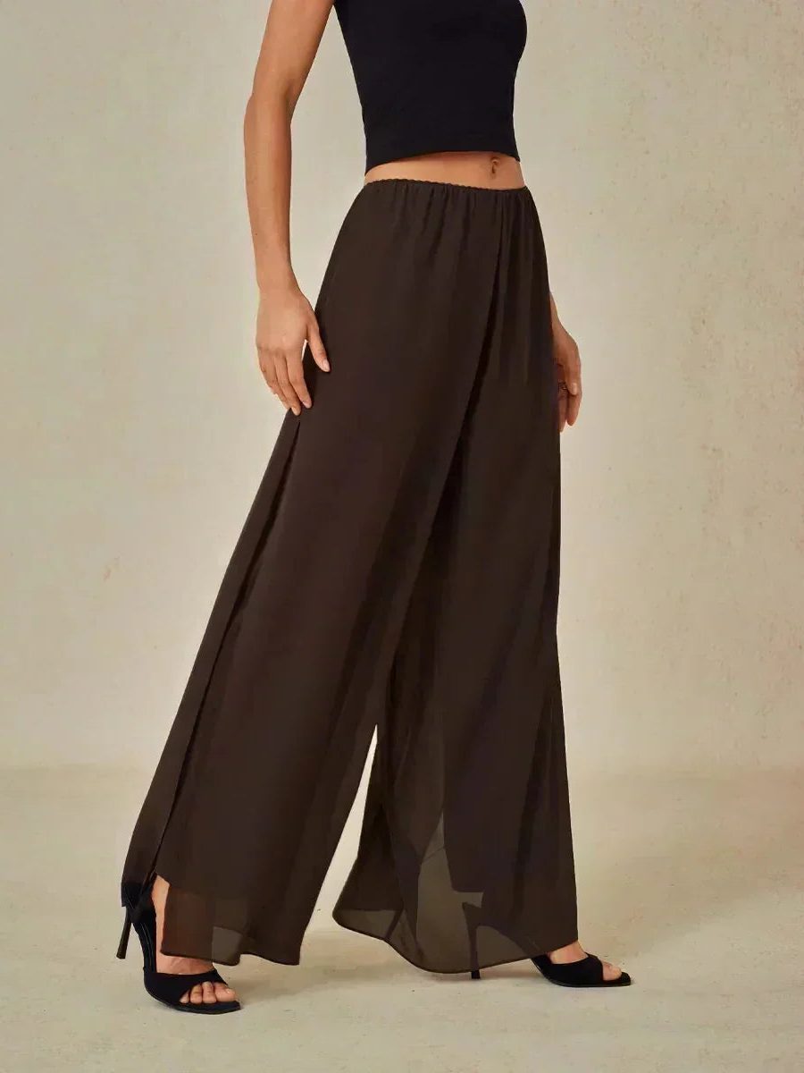 Chic women's wide leg pants with an elegant overlay, featuring a comfortable and stylish tie waist.