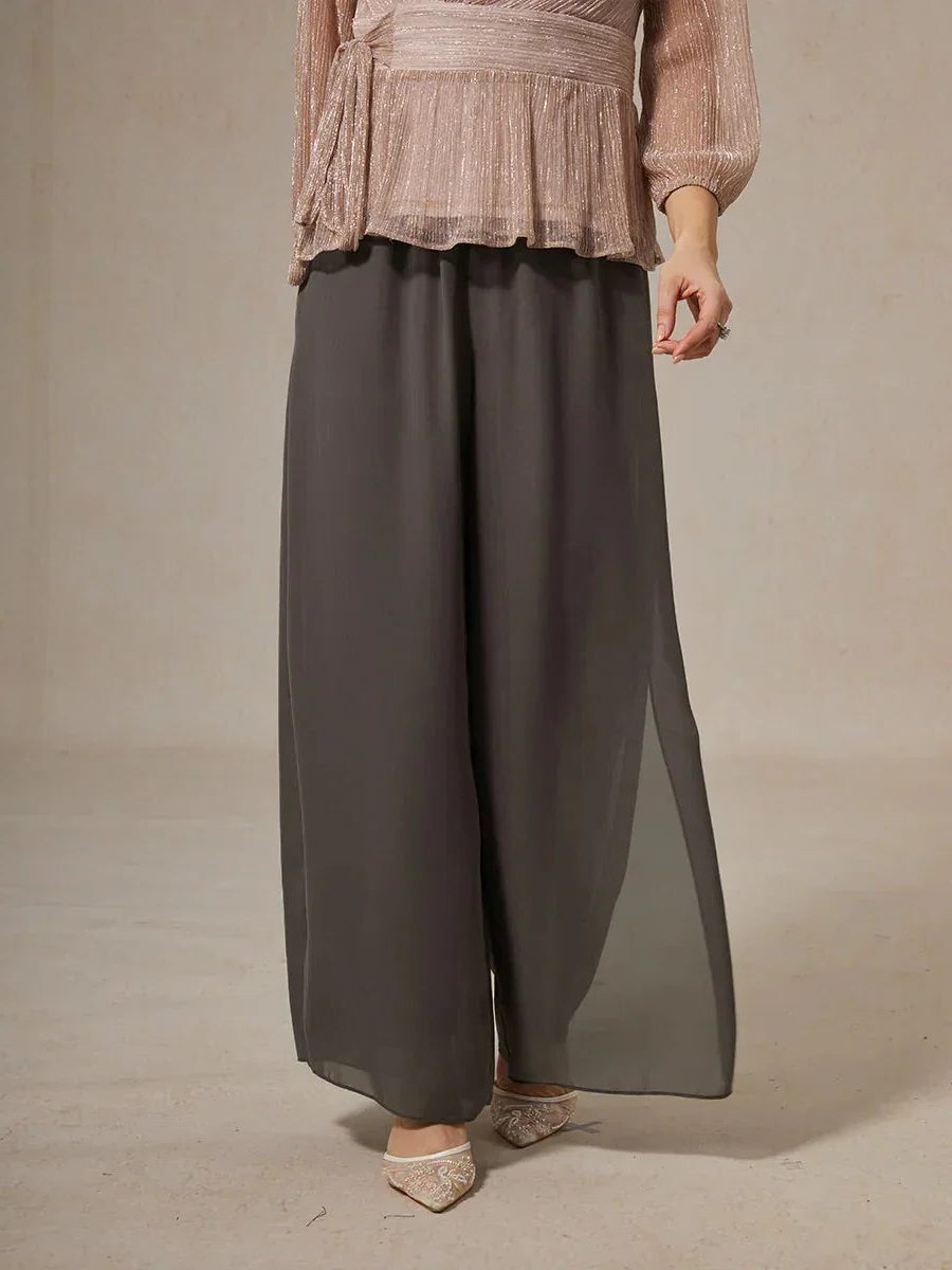 Elegant women's wide leg pants with a layered overlay and adjustable tie waist for a polished look.