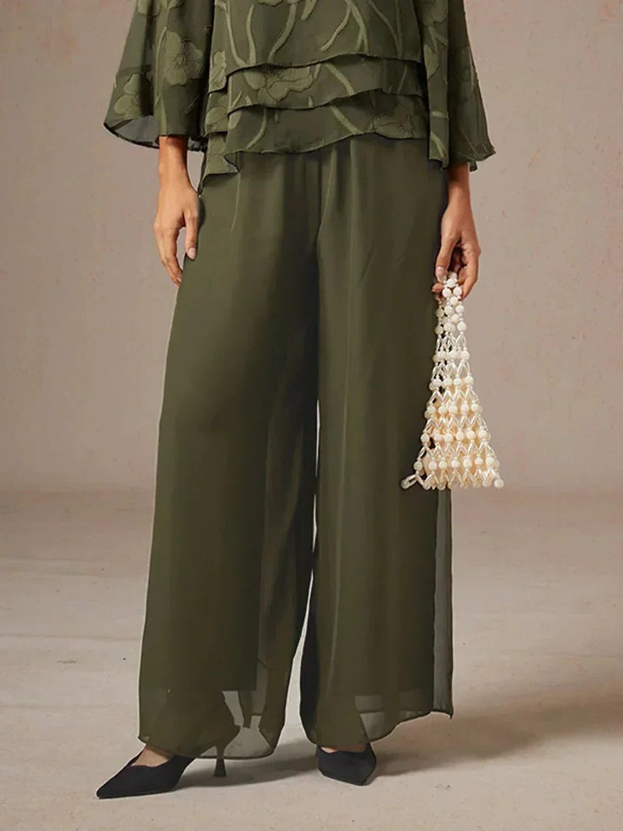 Flowy women's elegant wide leg pants, featuring a unique overlay design for a graceful silhouette.