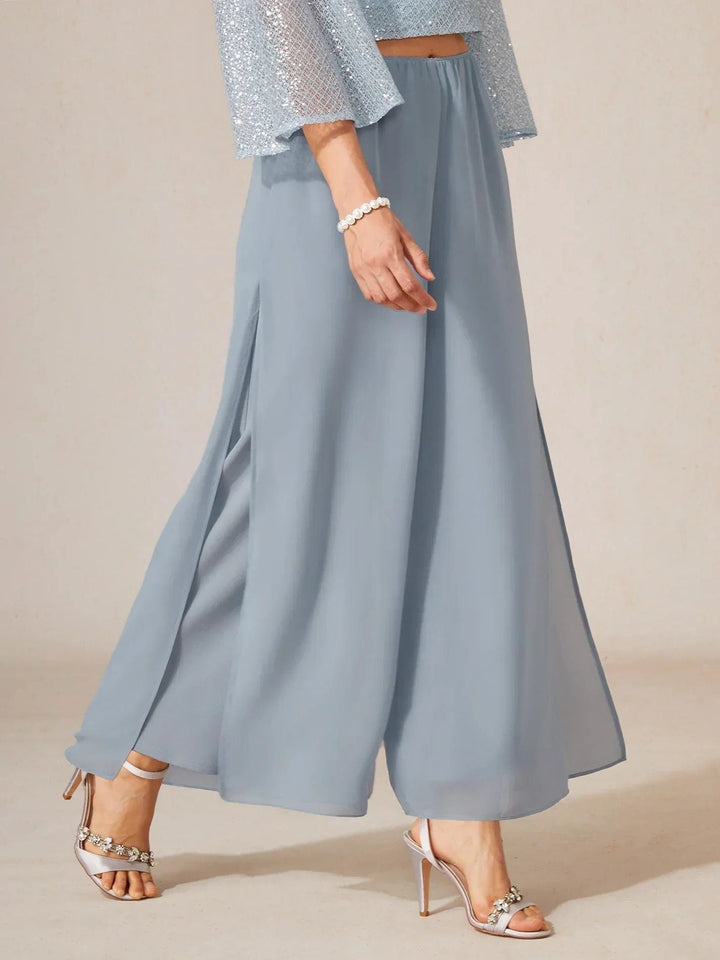 Women's layered wide leg pants, featuring an elegant overlay and tie-waist detail for refined style.