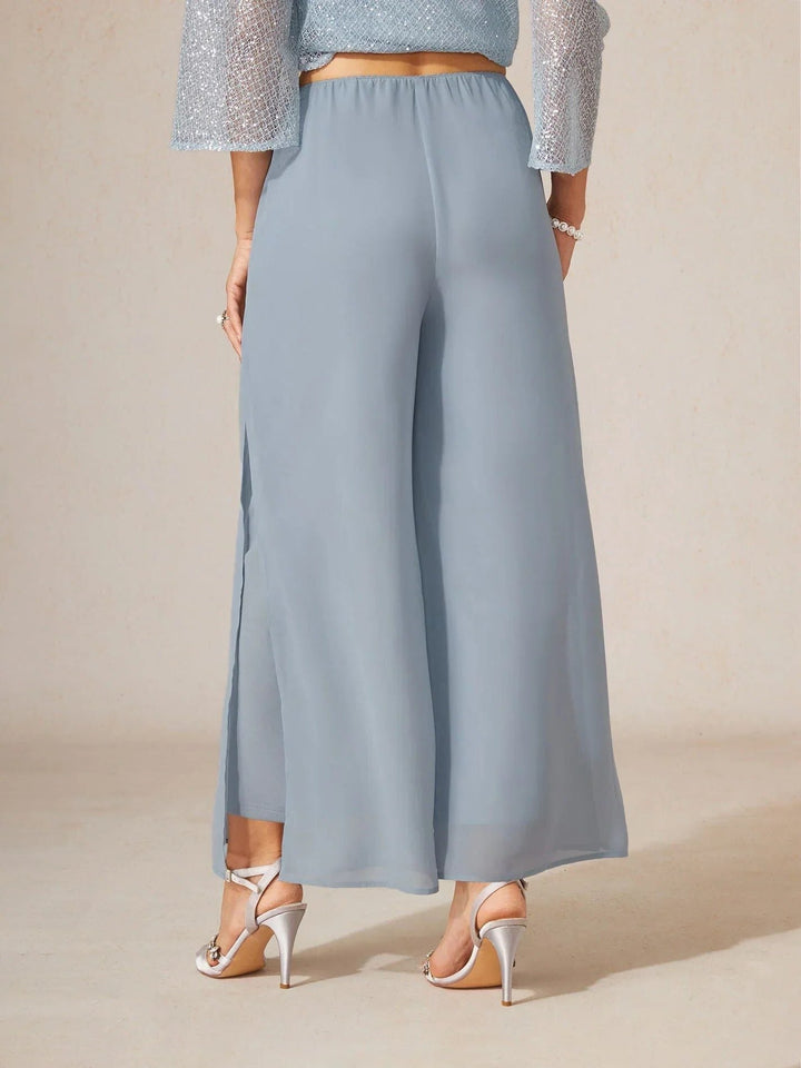 Elegant women's flowy wide leg pants with overlay; a perfect blend of comfort and style.