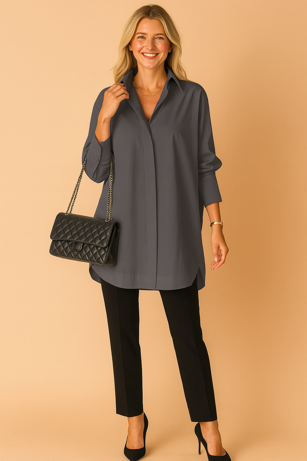 Chic long sleeve oversized shirt blouse for women, offering a relaxed fit & elegant style.
