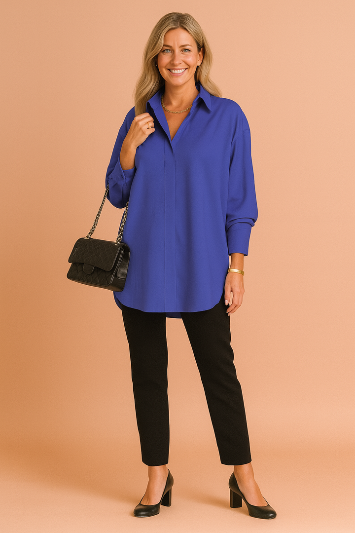 Sophisticated women's oversized shirt blouse, elegant long sleeve top for workwear & casual chic.