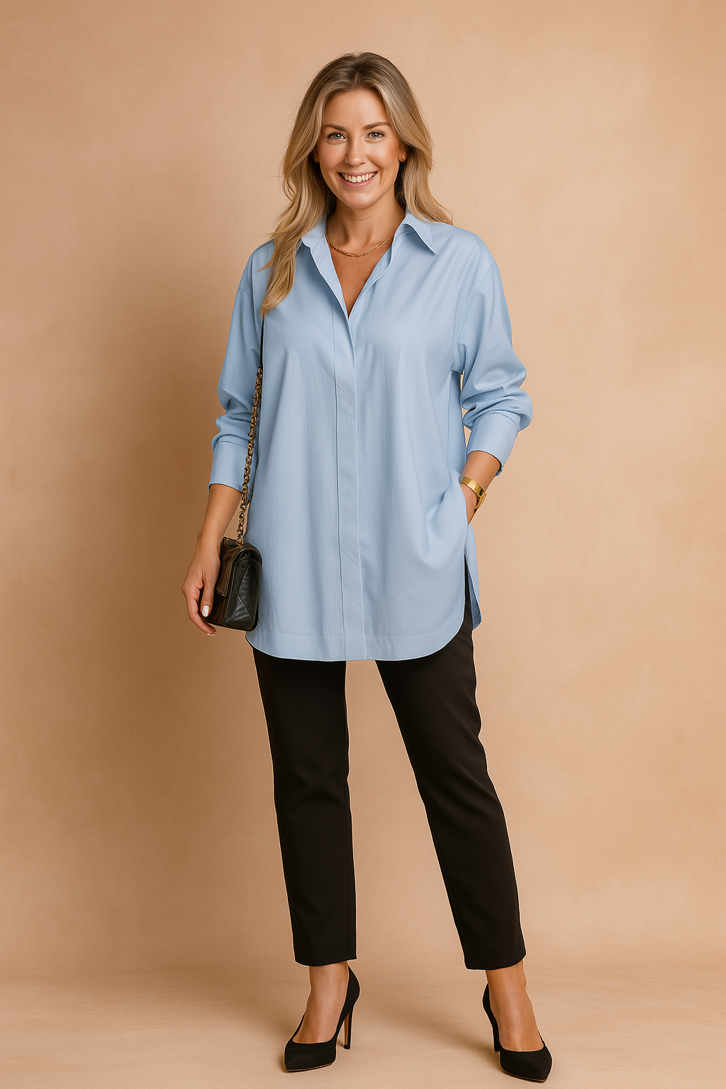 Modern relaxed fit women's oversized blouse, long sleeve, an elegant & versatile casual shirt.