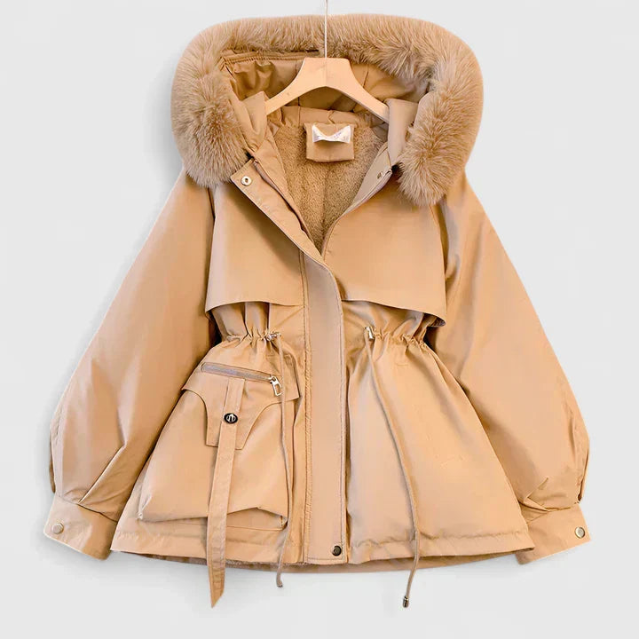 Stylish women's hooded padded winter jacket, offering elegant warmth & comfort for casual chic cold weather.