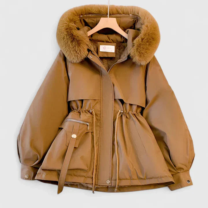 Front view of a women's elegant padded winter jacket, a warm coat suitable for stylish cold weather outfits.