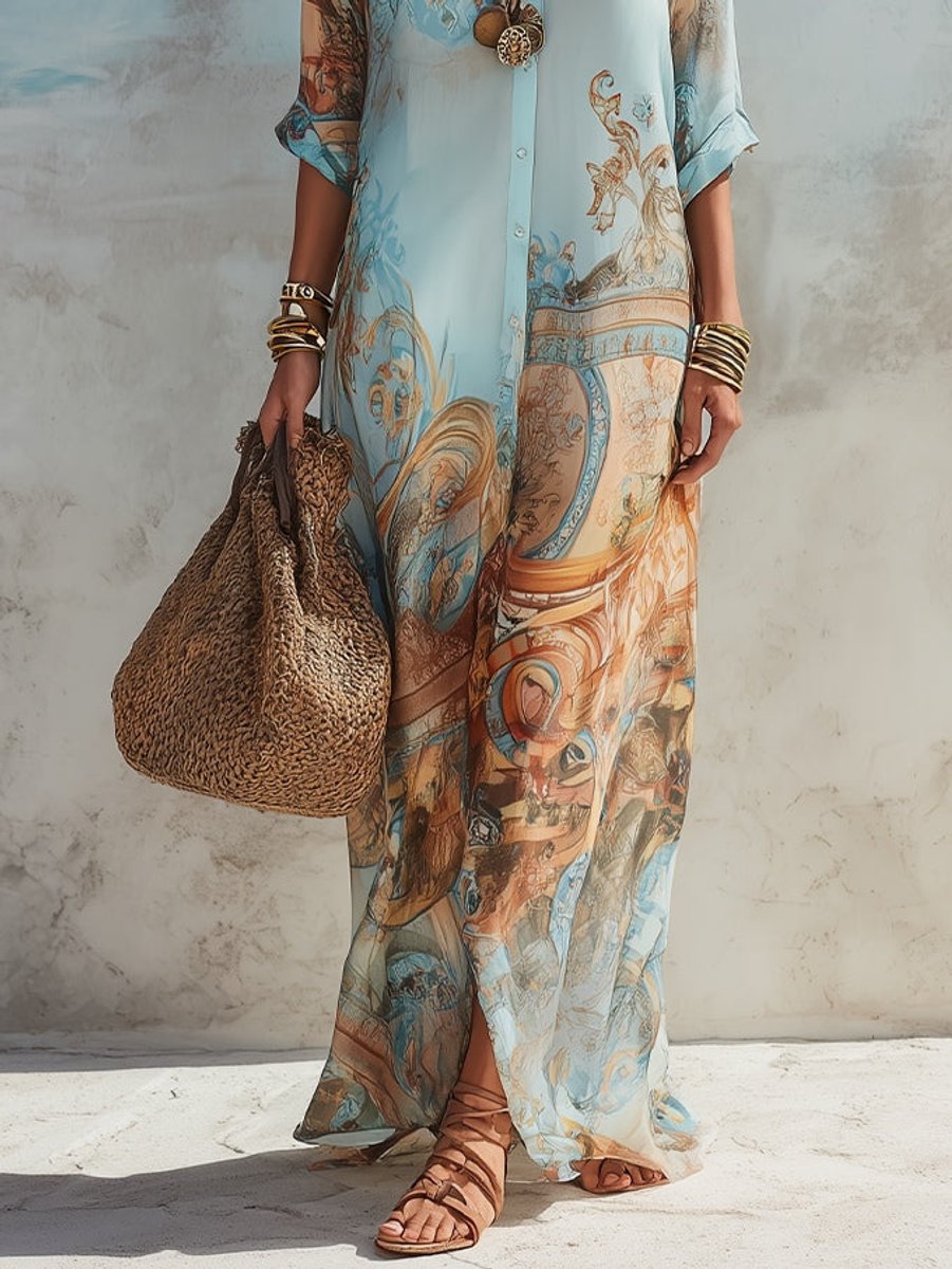 Elegant women's paisley print button-through maxi shirt dress. Perfect casual summer or holiday beachwear.