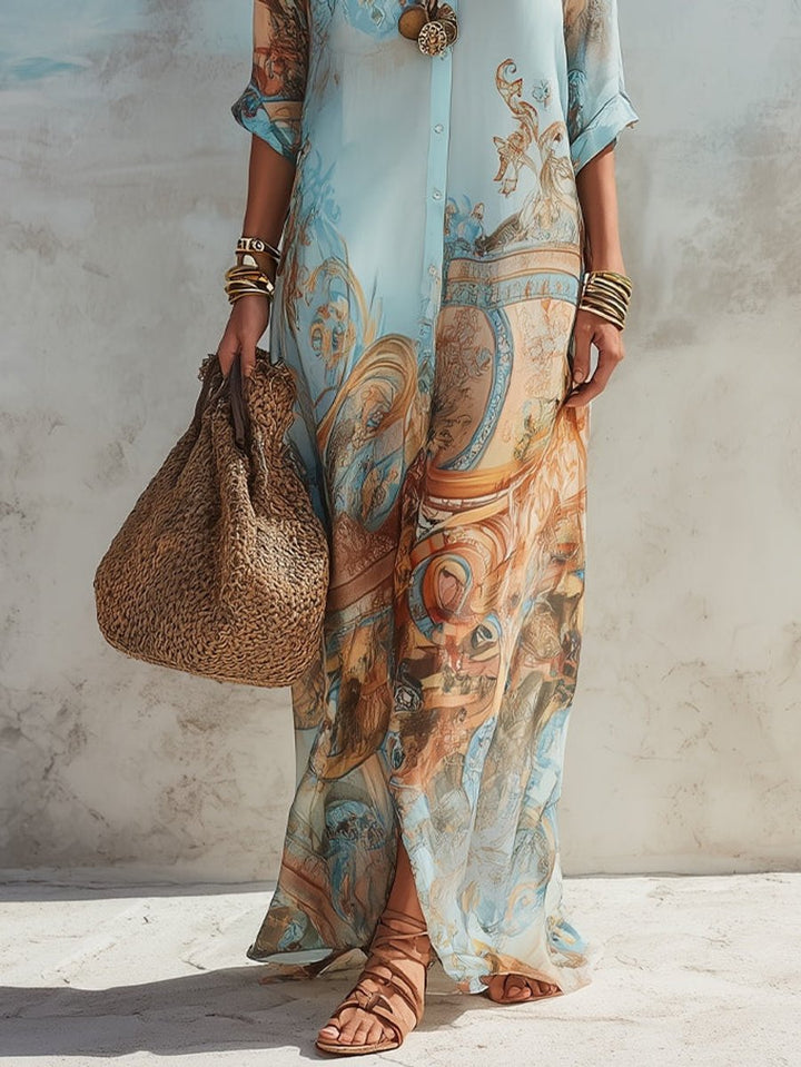 Elegant women's paisley print button-through maxi shirt dress. Perfect casual summer or holiday beachwear.