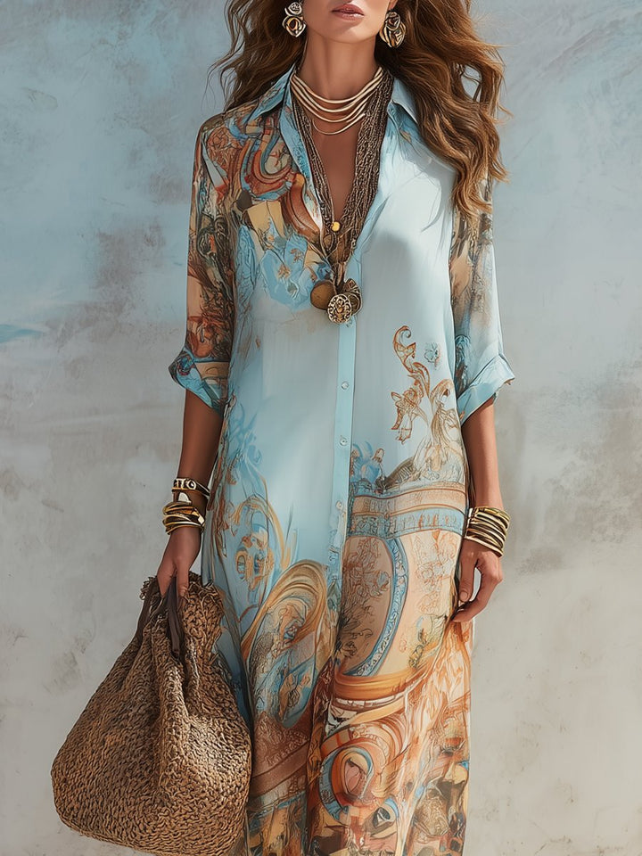 Women's button-through maxi shirt dress in a beautiful paisley print. Excellent choice for summer casual or beach holidays.