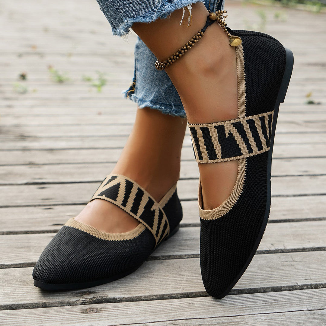 Elegant women's patterned ballet flats with a chic pointed toe, perfect for versatile ladies' fashion.
