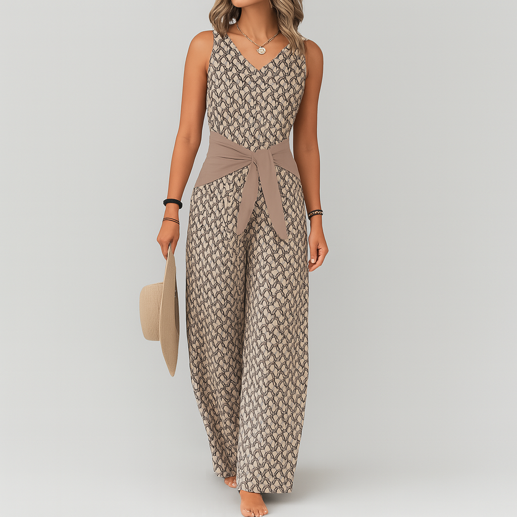 Elegant women's patterned jumpsuit with a chic relaxed fit, perfect for stylish summer or spring casual wear.