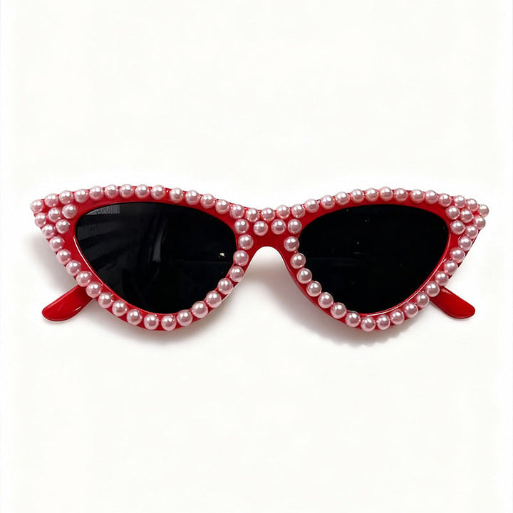 Fashionable women's eyewear: pearl-accented cat eye sunglasses with full UV blocking lenses.