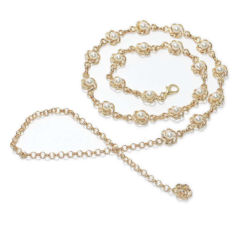 Adjustable women's pearl and gold chain waist belt, an elegant fashion accessory for dresses & blouses. Stylish design.