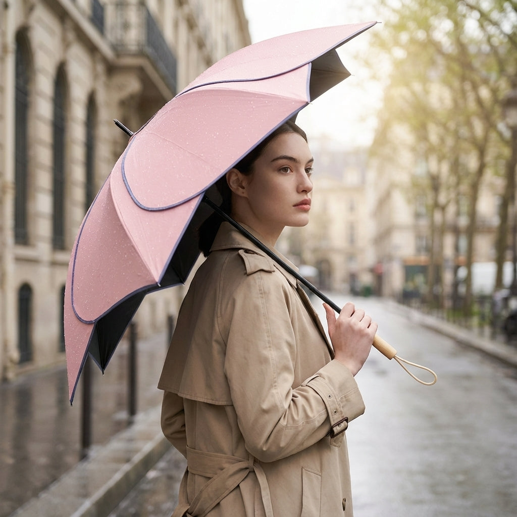 Elegant women's petal-shaped umbrella offering strong UV protection & stylish rain coverage. Wooden handle.