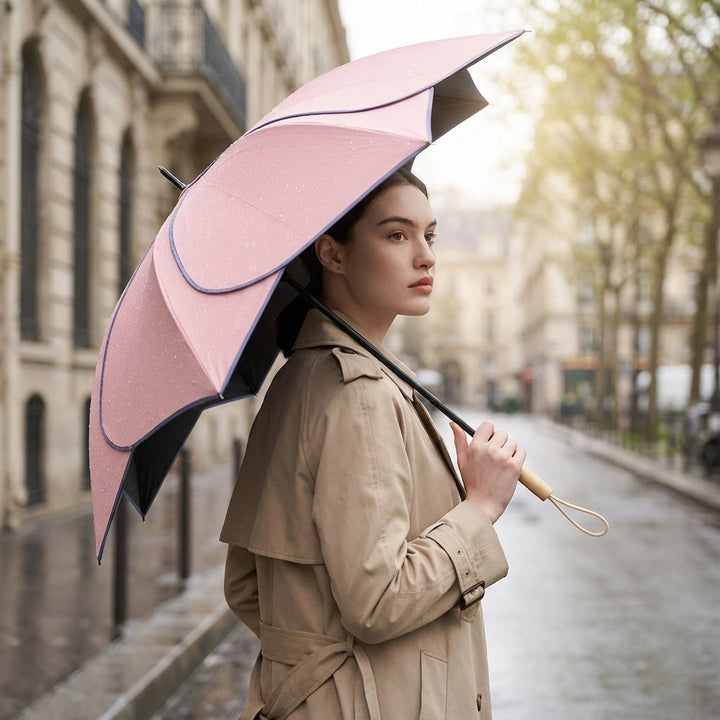 Elegant women's petal-shaped umbrella offering strong UV protection & stylish rain coverage. Wooden handle.