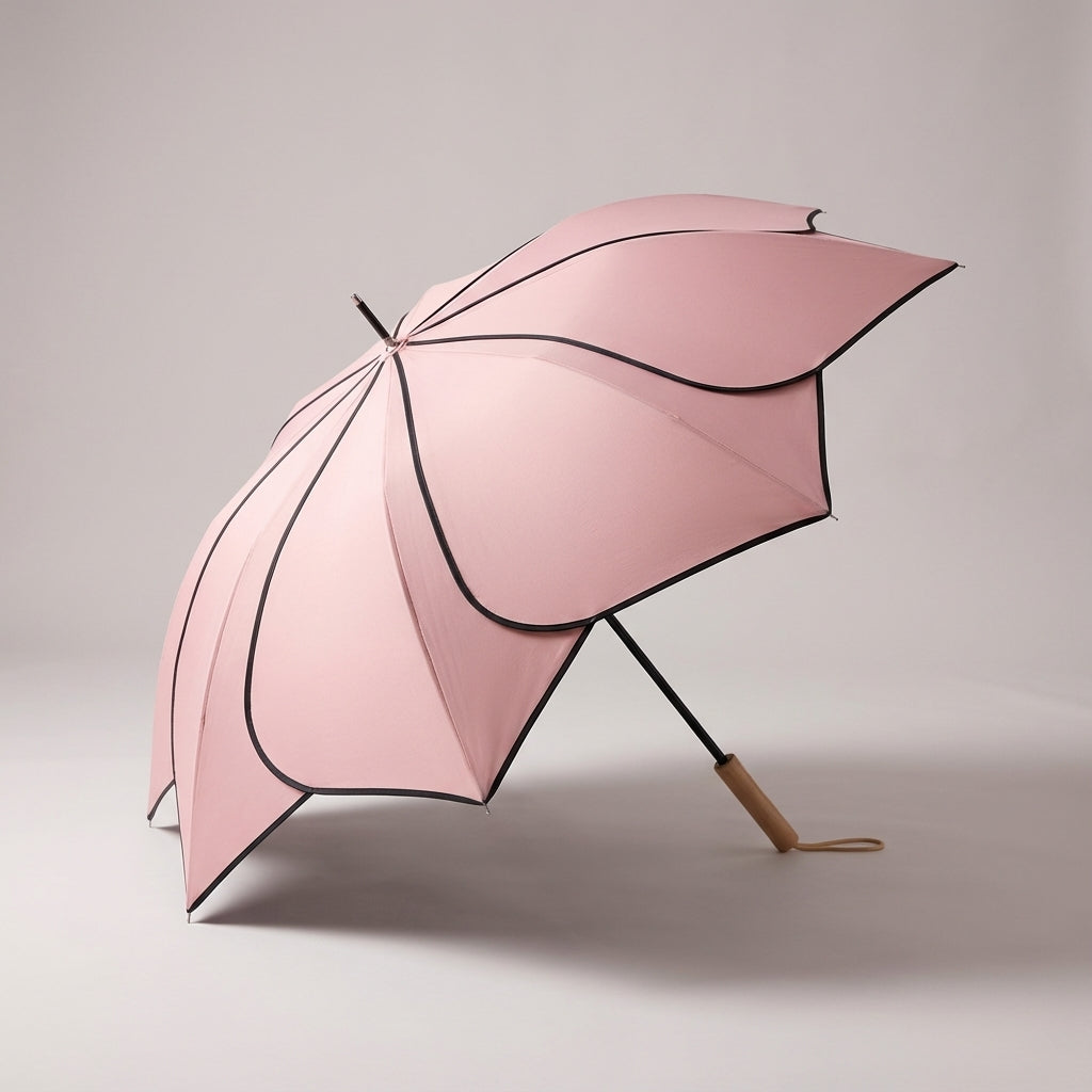 Stylish women's umbrella with unique petal design, perfect for UV sun protection & rainy weather. Durable.