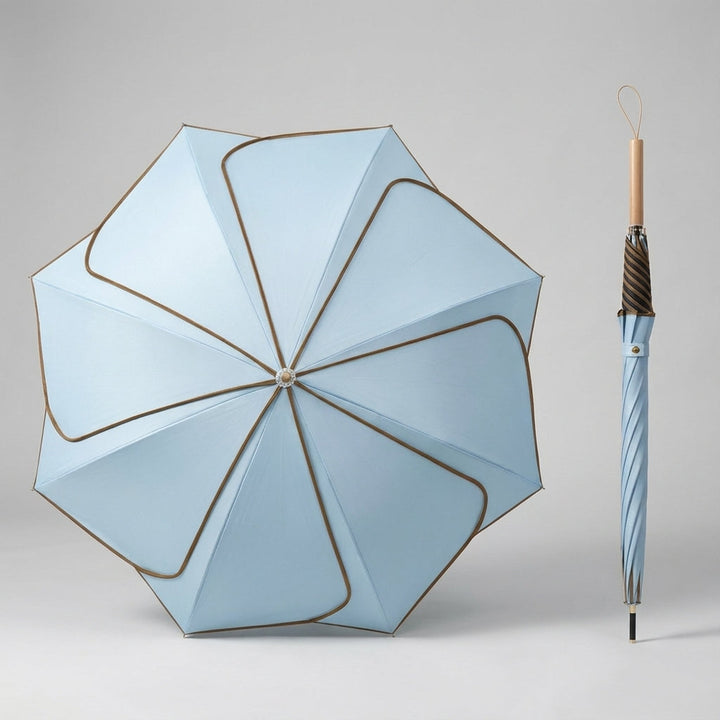 Sophisticated women's rain umbrella with unique petal design, wooden handle, and full UV protection.