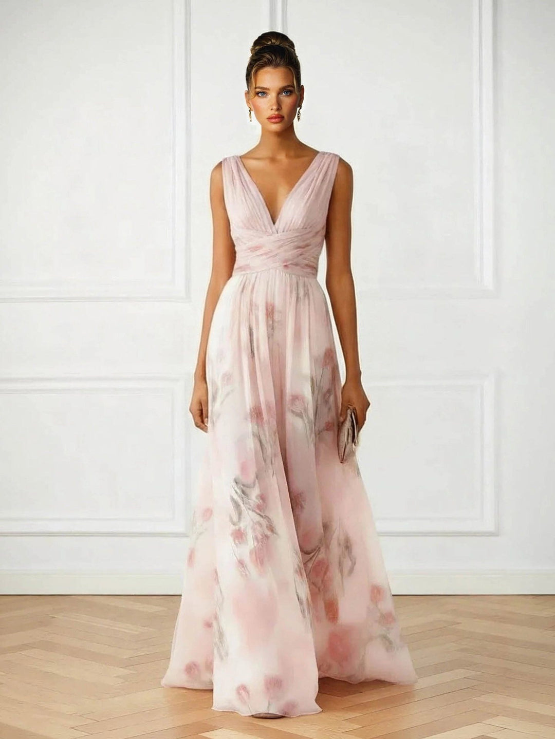 Elegant women's pink floral V-neck maxi dress, perfect as a wedding guest or formal occasion party dress.