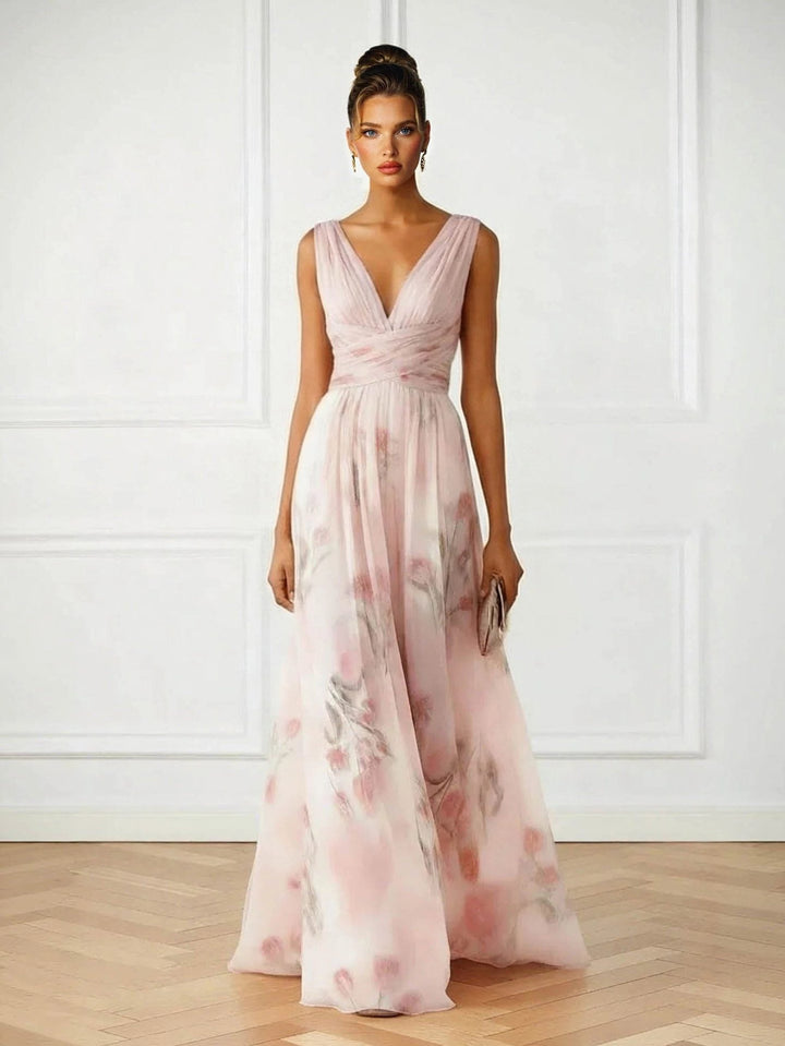 Elegant women's pink floral V-neck maxi dress, perfect as a wedding guest or formal occasion party dress.