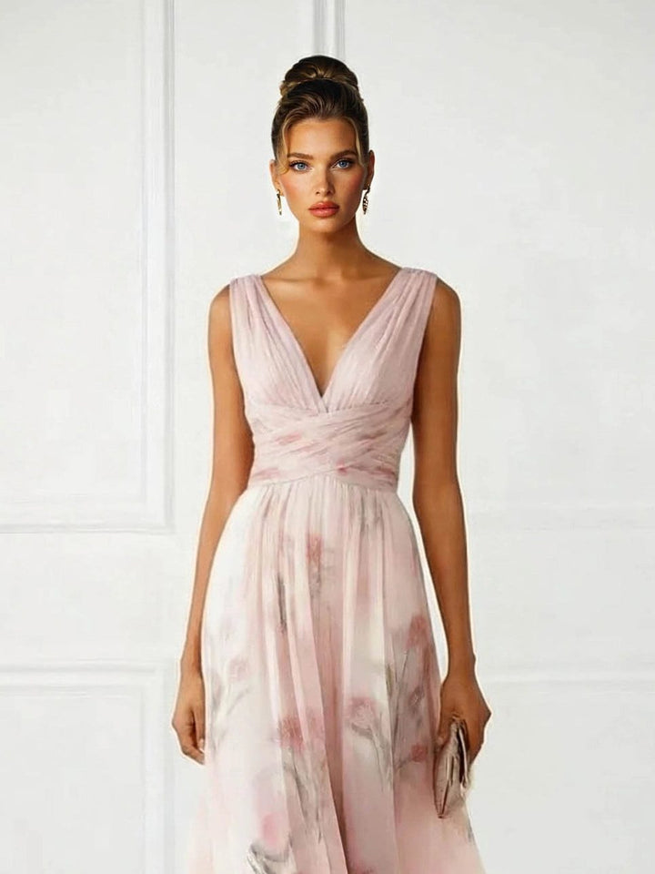 Chic women's pink floral V-neck maxi dress, a fashionable and elegant choice for special occasions.