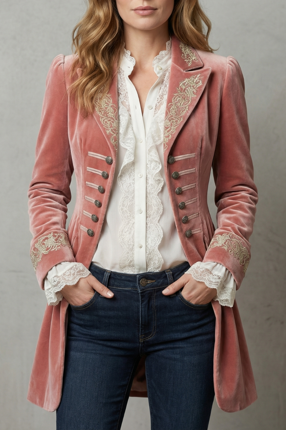 Elegant women's pink long jacket with intricate heritage embroidery, perfect vintage style outerwear for transitional fashion.