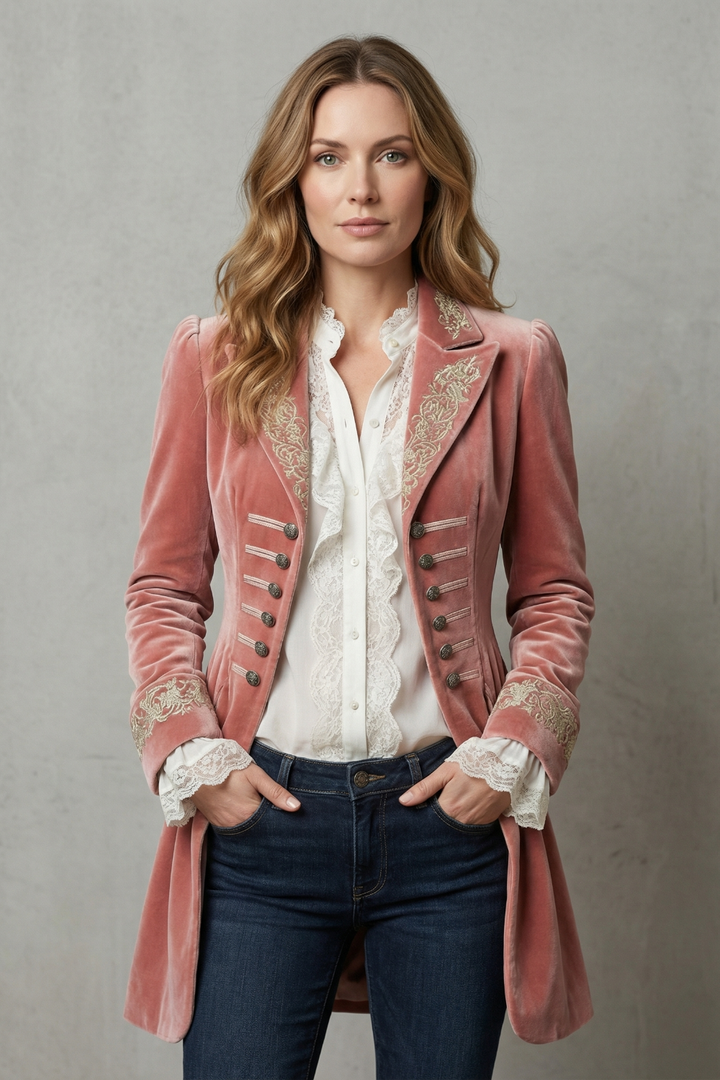 Vintage style long embroidered jacket for women, featuring a delicate floral pattern and soft pink fabric for elegant layering.