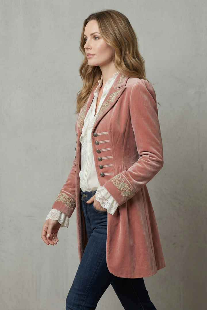 Stylish women's heritage long jacket in pink, detailed with exquisite embroidery, ideal for elegant transitional wear.