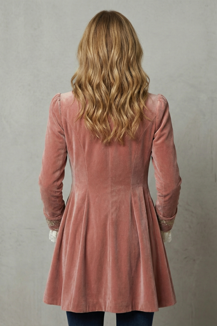Women's vintage pink long jacket with rich heritage embroidery, a sophisticated fashion coat for timeless elegant style.